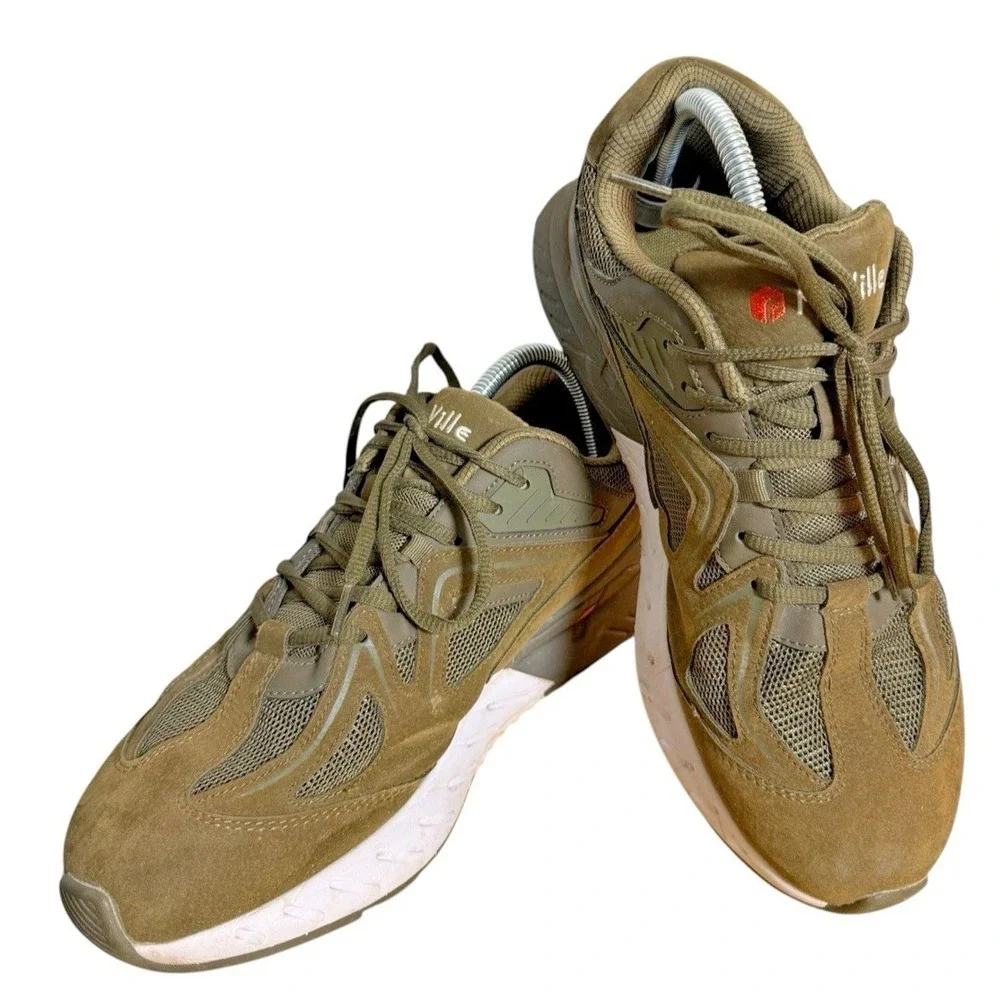 FitVille Marca Mens 9.5W Pre-Owned Running Shoes Olive Green Suede Trainers‎